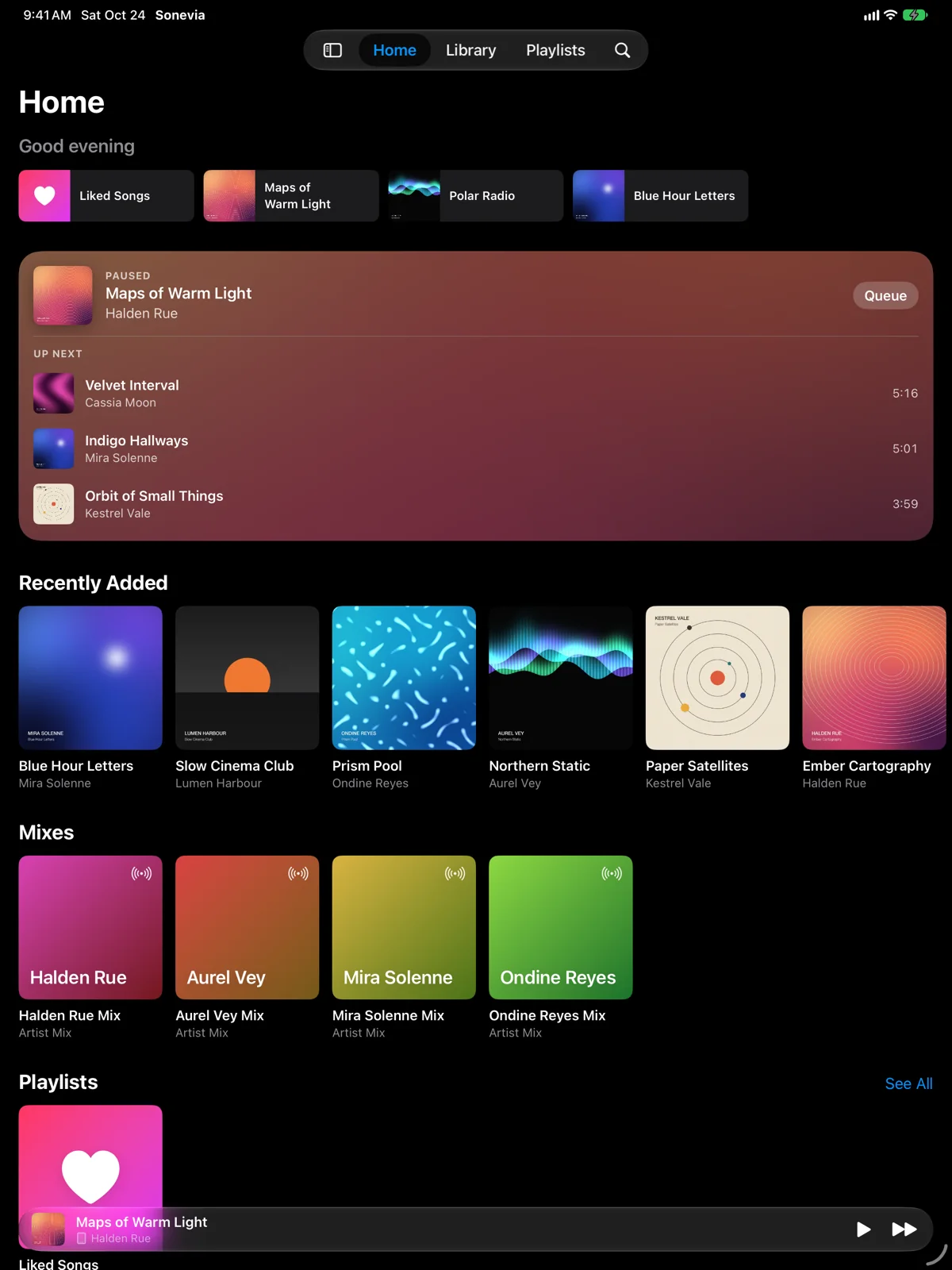 Sonevia on iPad: Home with quick picks, Now Playing with Up Next, and Recently Added