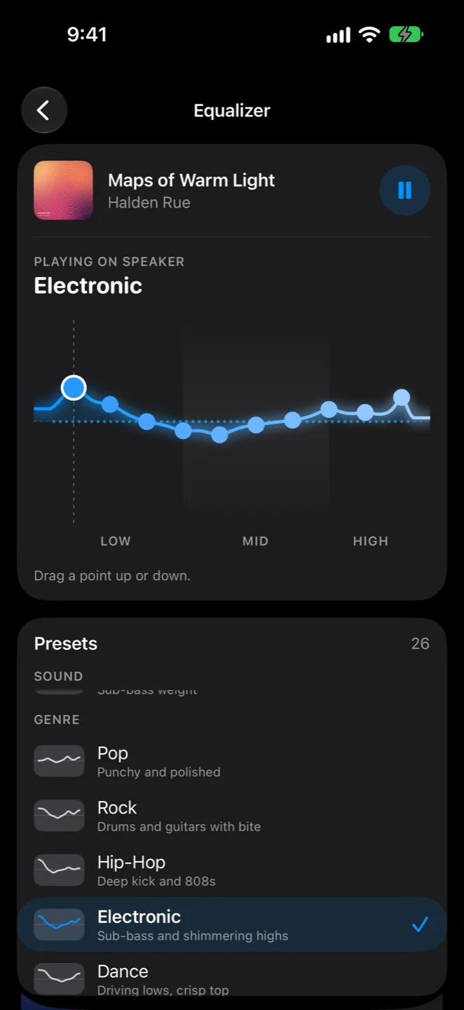 Sonevia's equalizer: a ten-point curve drawn over the music's live levels, with the Electronic preset chosen below