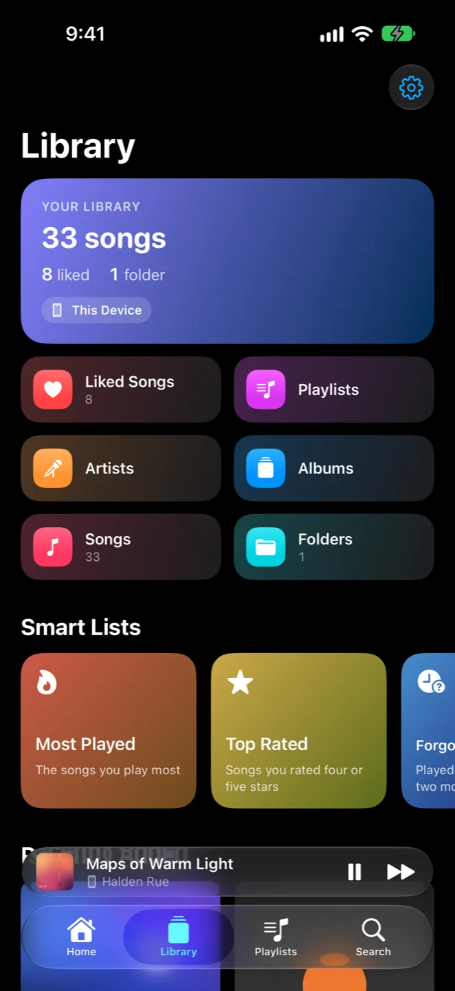 Sonevia's Library: a summary card, coloured tiles for Liked Songs, Playlists, Artists, Albums, Songs and Folders, and smart lists