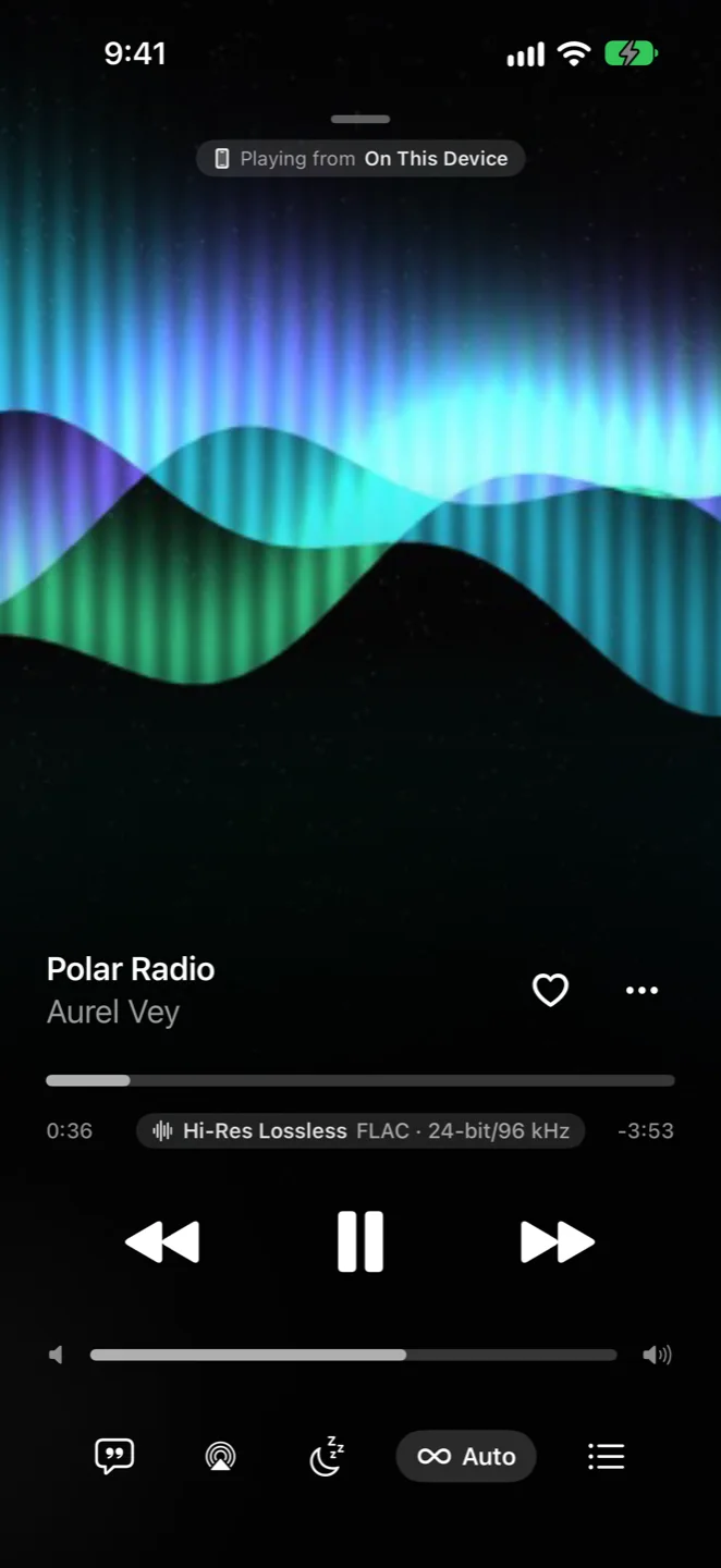 Sonevia's Now Playing screen with full-screen artwork, a Hi-Res Lossless FLAC 24-bit/96 kHz badge and playback controls