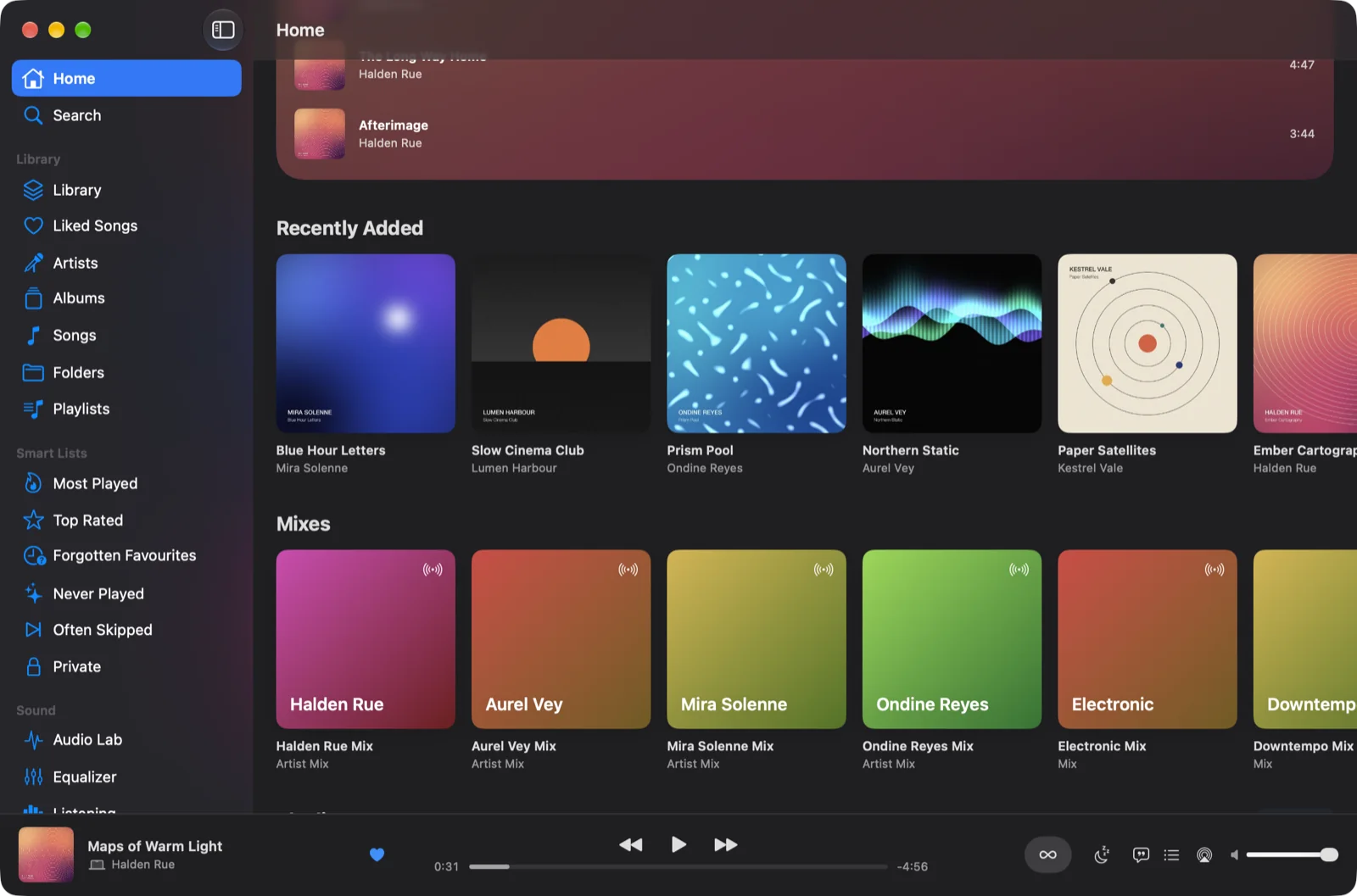 Sonevia for Mac: Home with Recently Added albums and artist mixes, and the sidebar on the left