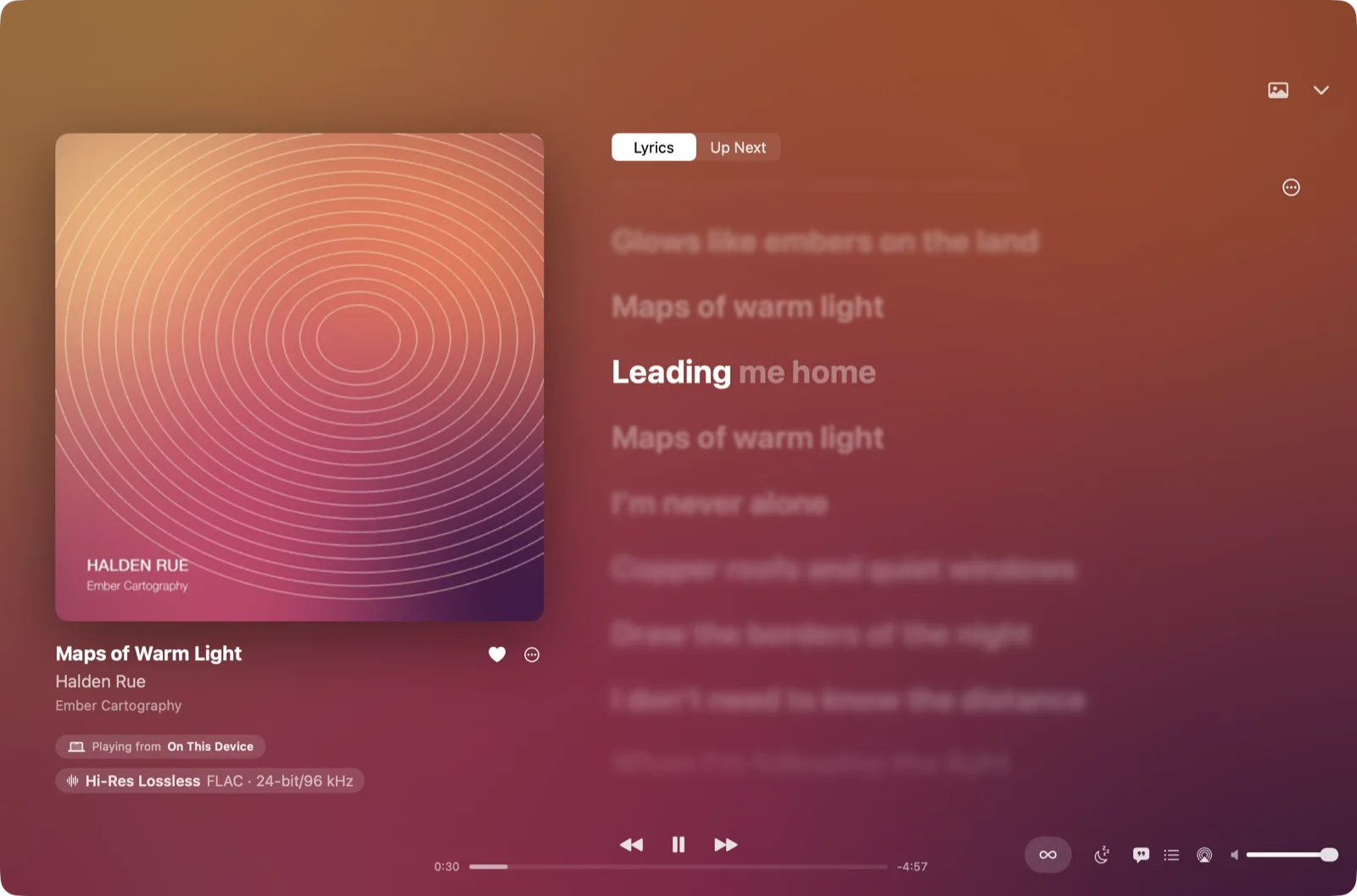 Sonevia for Mac: Now Playing with the album cover beside synced lyrics, the sung line in white